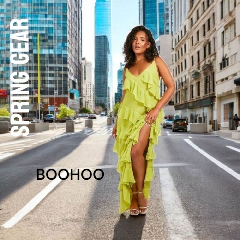 BOOHOO LIME GREEN MAXI RUFFLE DRESS Size 14